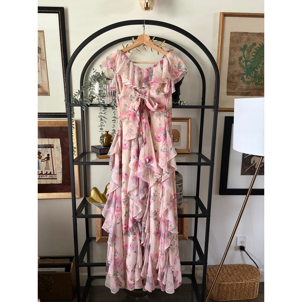 BHLDN Anthropologie Chiffon Maxi Dress Pink Floral Ruffle Bow Back Womens S - Picture 2 of 7